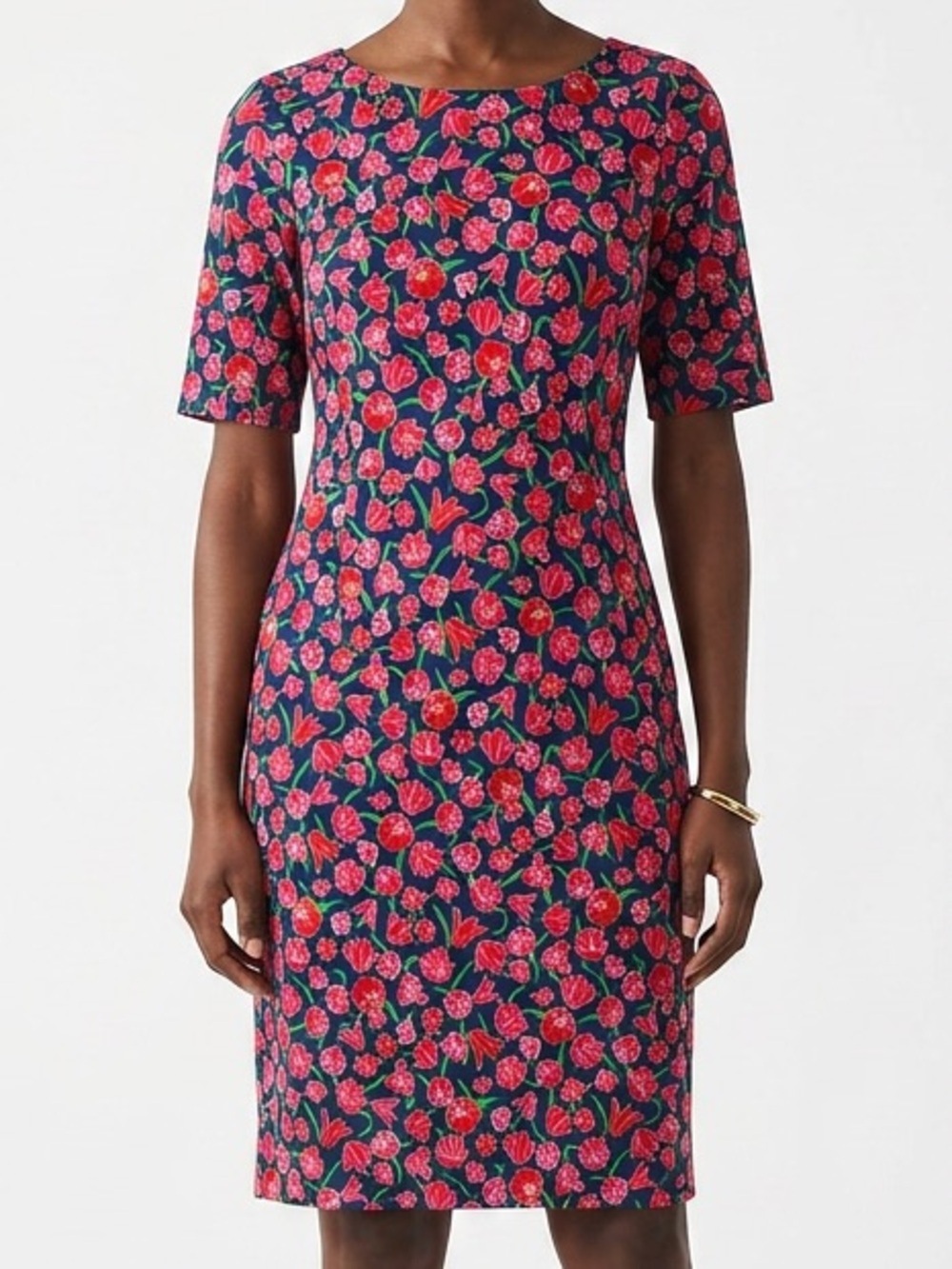 Floral Stretchy Sheath Lands' End 10 Navy Dress Office Wedding Classic Comfy